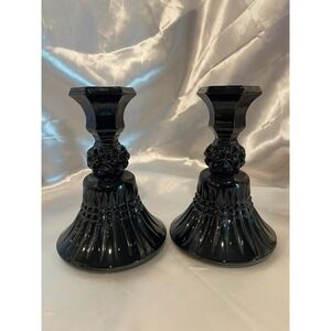 Set Of 2! Amethyst Black Glass Candle Stick Holders-solid